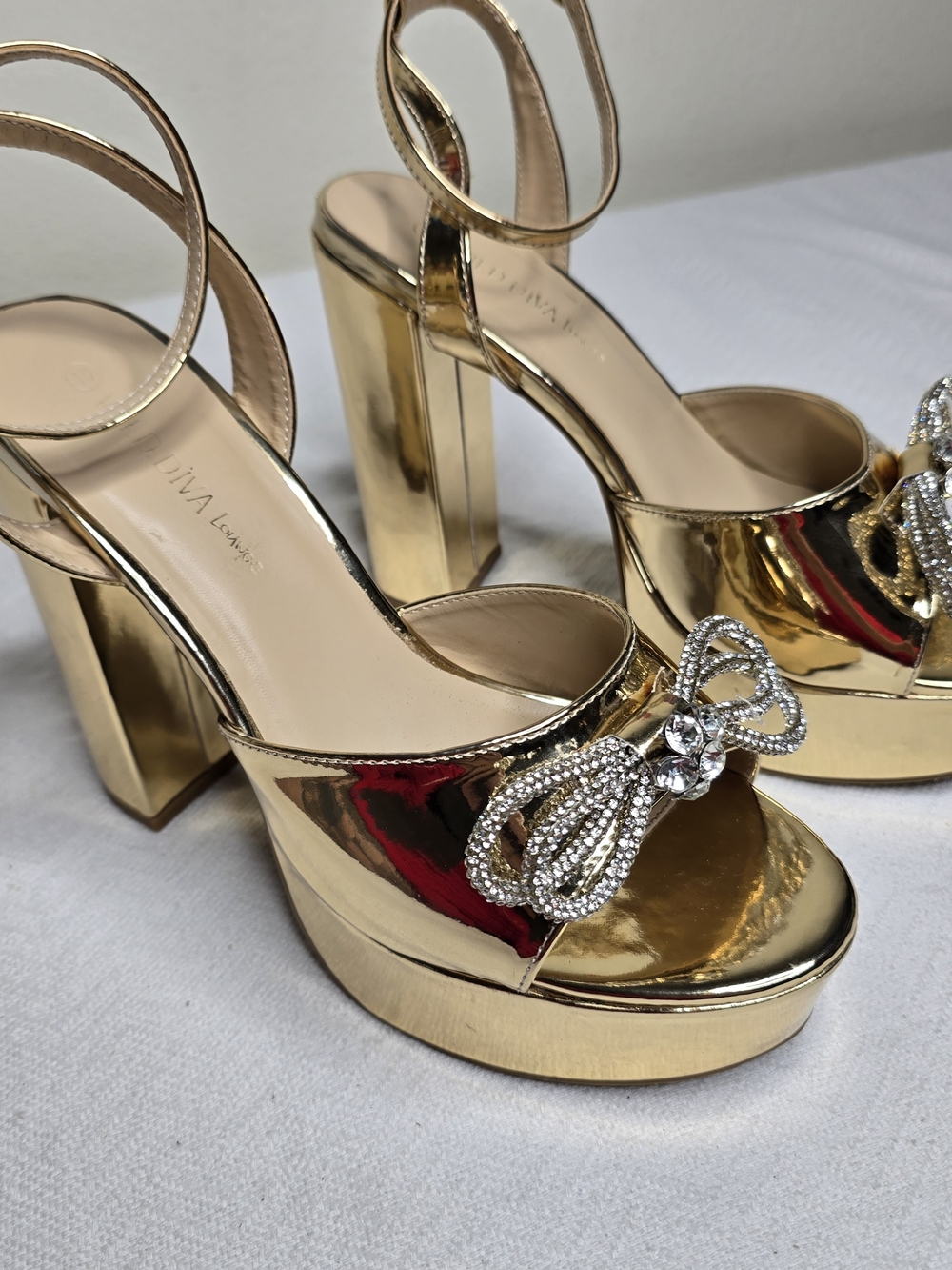Gold Platform Sandals with Crystal Bow Accent